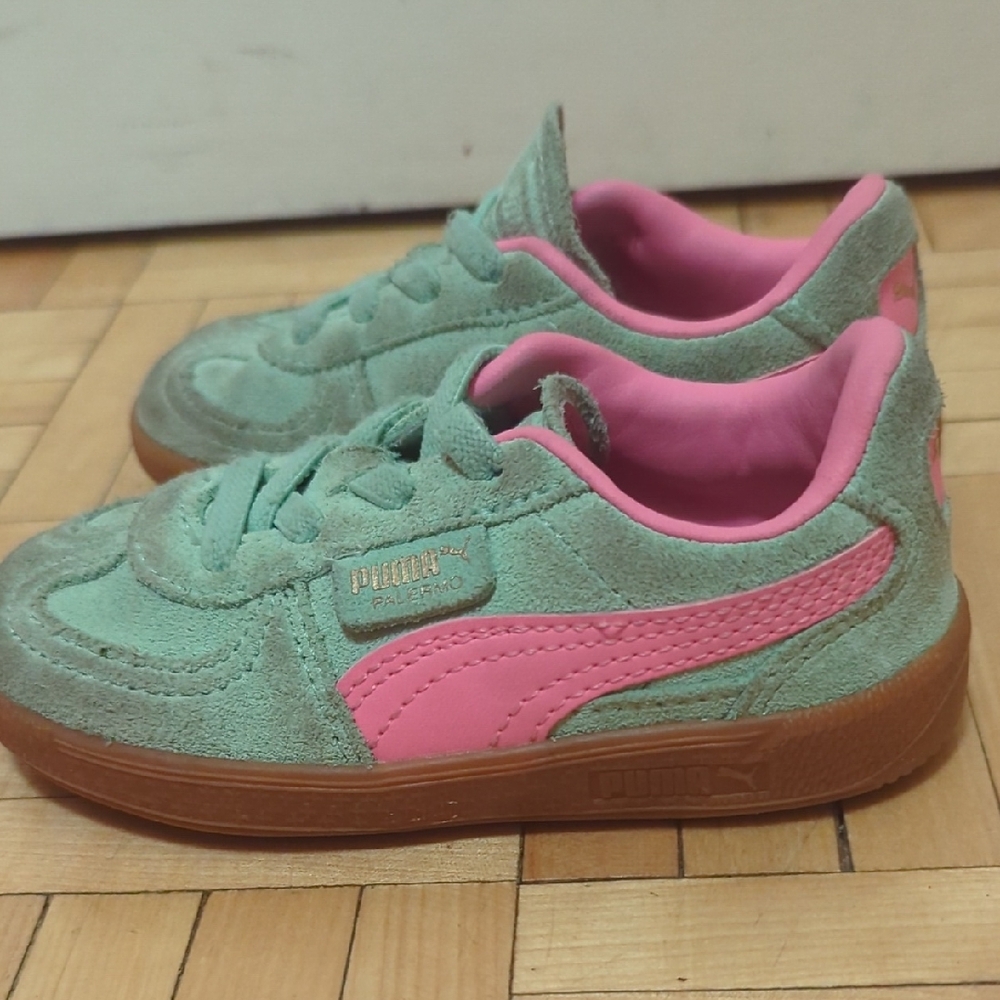 Puma Green and Pink Retro Sneakers with Gum Sole